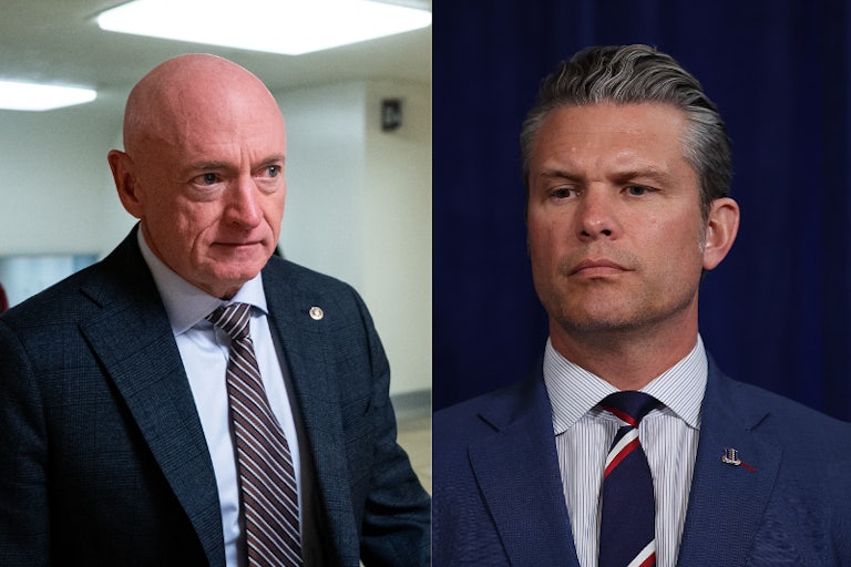 splitscreen of Senator Mark Kelly and Defense Secretary Pete Hegseth