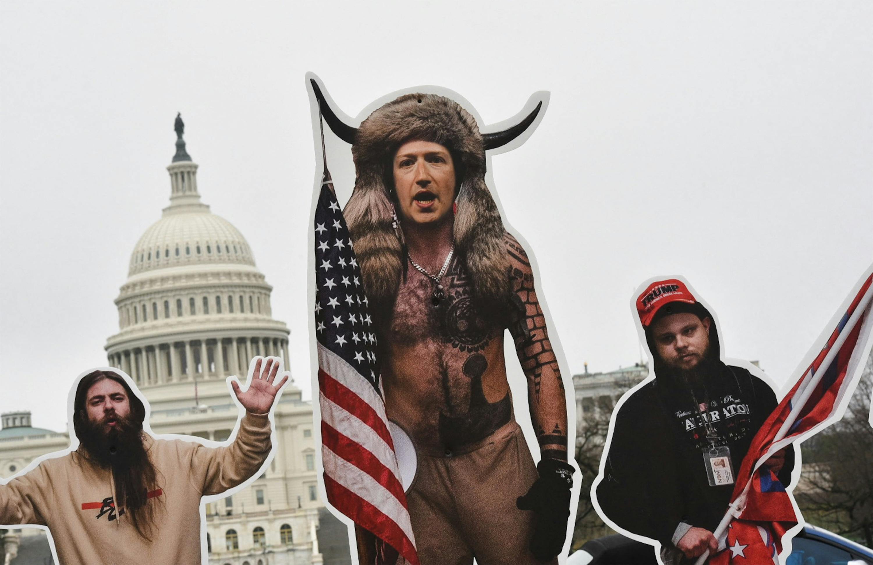 An effigy of Facebook CEO Mark Zuckerberg, dressed as a Capitol rioter
