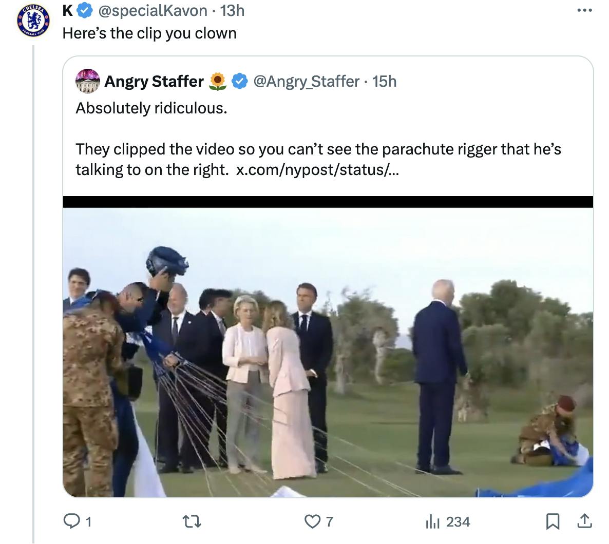 Twitter @specialKavon: Here’s the clip you clown with a photo of Biden speaking to a parachuter