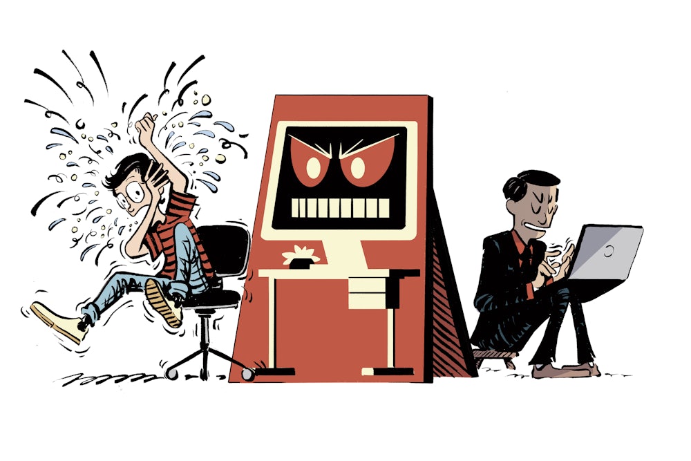 An illustration of two men sitting next to an angry computer, one man is calm, the other is distraught