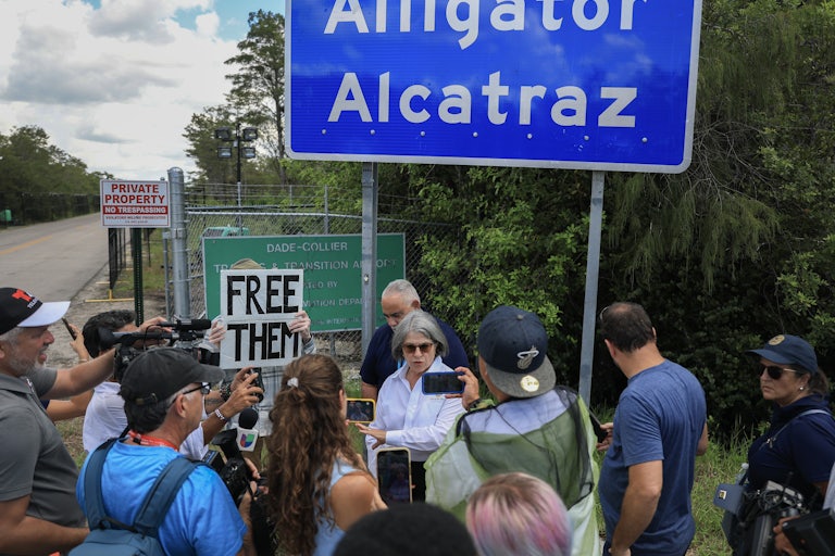 Miami-Dade County Mayor Daniella Levine Cava speaks to the media at the entrance to “Alligator Alcatraz” in Ochopee, Florida.