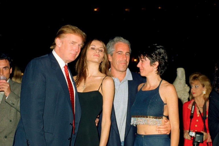 Donald Trump, Melania Knauss, Jeffrey Epstein, and Ghislaine Maxwell smile all dressed up for a photo at Mar-a-Lago. Others are in the background.
