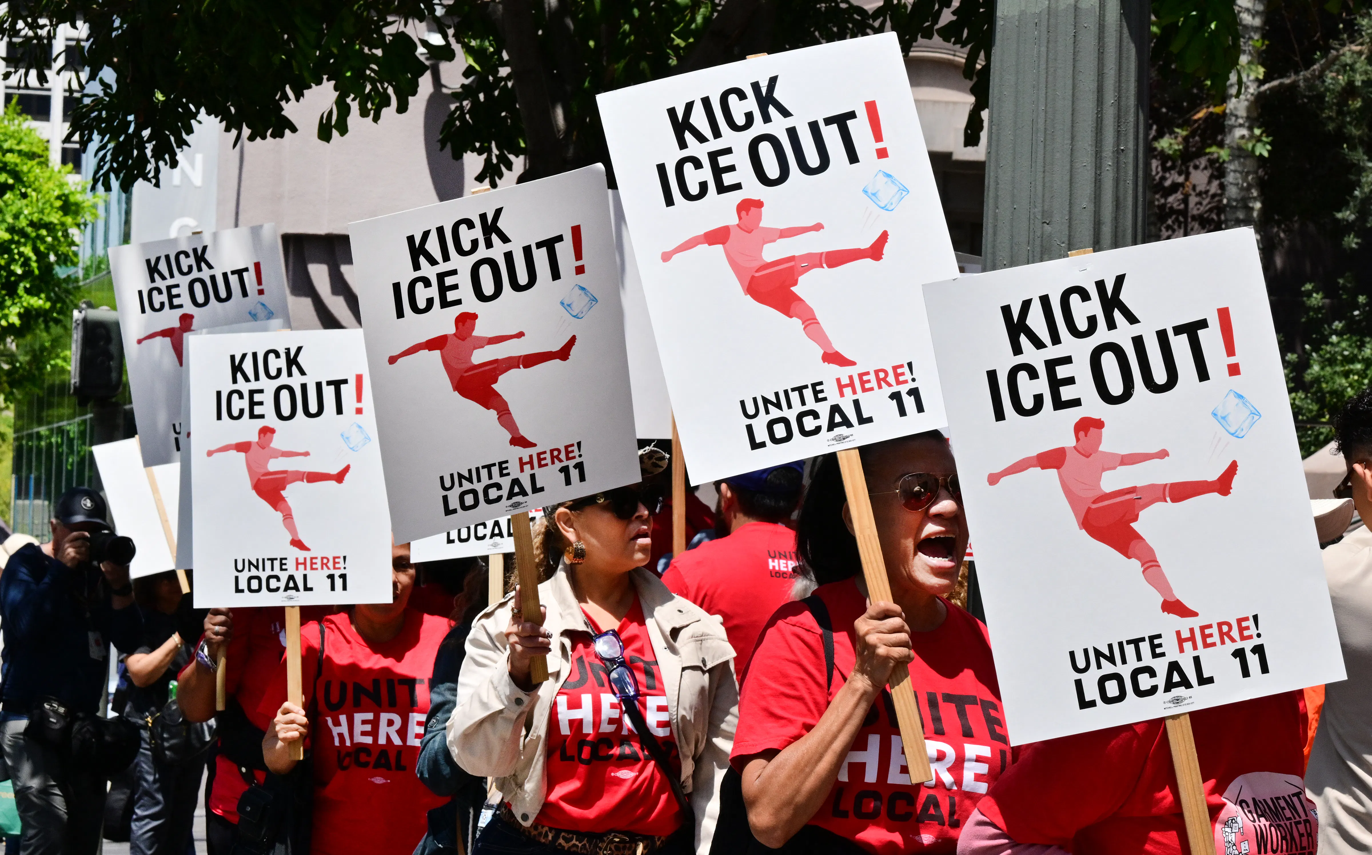 SOFI stadium workers protest outside FIFA World Cup 26 Los Angeles Office calling for ICE to be banned from the World Cup.