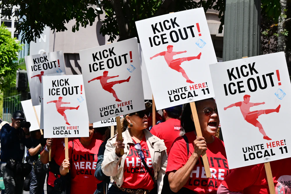 SOFI stadium workers protest outside FIFA World Cup 26 Los Angeles Office calling for ICE to be banned from the World Cup.