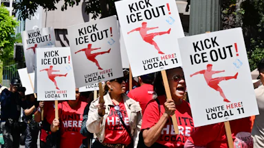 SOFI stadium workers protest outside FIFA World Cup 26 Los Angeles Office calling for ICE to be banned from the World Cup.
