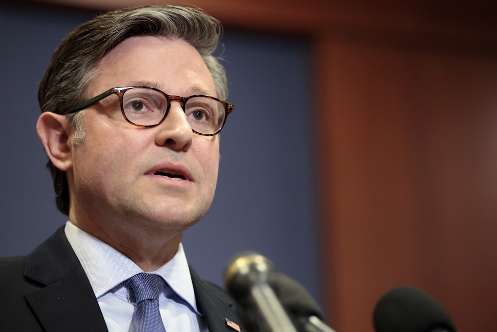 House Speaker Mike Johnson speaks into microphone