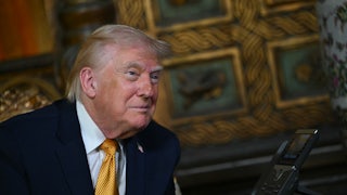 Donald Trump smiles creepily in front of some paintings at Mar-a-Lago.