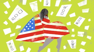 An illustration of a woman wrapped in a flag