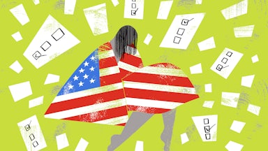 An illustration of a woman wrapped in a flag