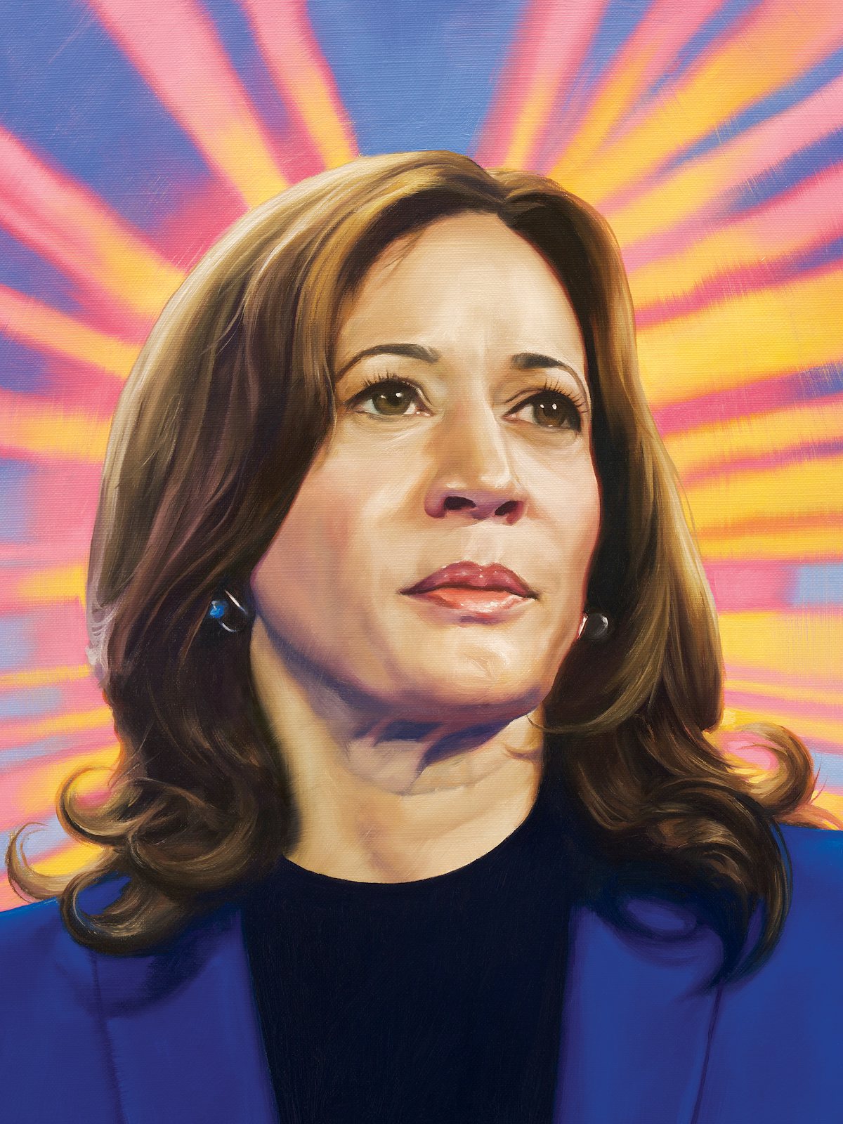 An illustration of Kamala Harris looking confident and heroic