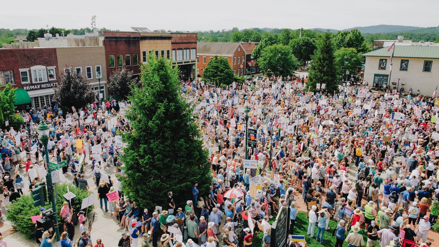 An aerial view of the No Kings protests in Henderson, North Carolina 