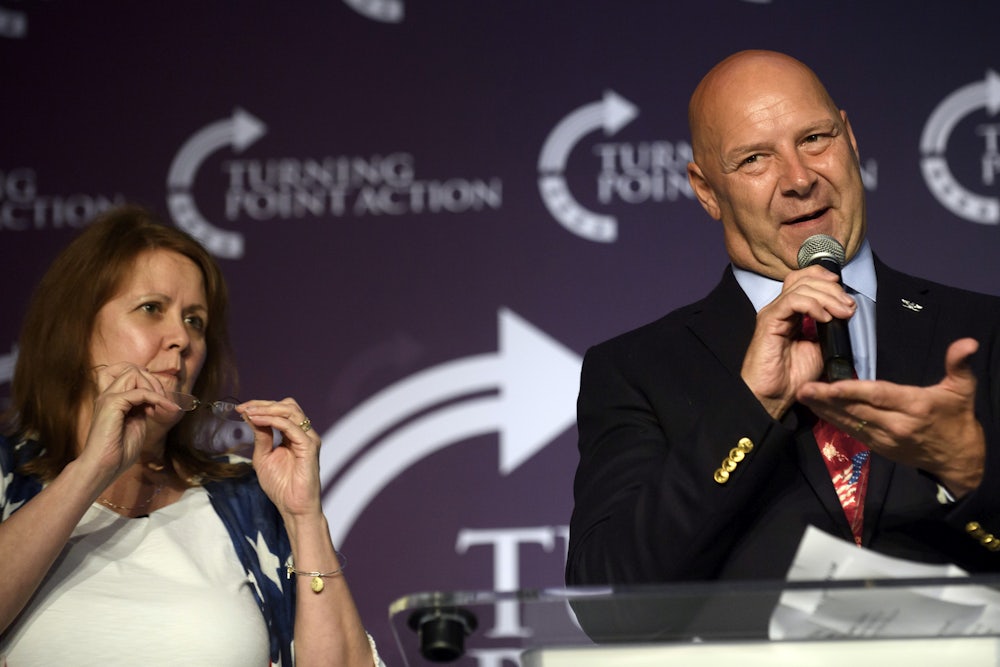 Pennsylvania Republican gubernatorial nominee Doug Mastriano speaks to supporters at a rally.