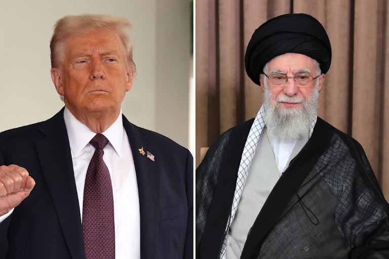 splitscreen of U.S. President Donald Trump raising a fist and Iranian Supreme Leader Ali Khamenei wearing a black turban and sitting on a chair.
