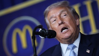 Donald Trump speaks into a microphone. The McDonald's logo is in the background