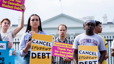 Activists gather in front of the White House to rally in support of cancelling student debt.