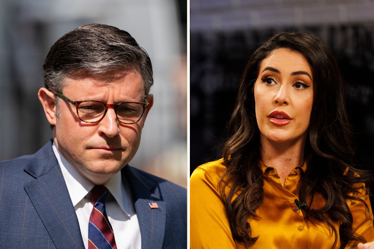 Splitscreen: Mike Johnson looks downward and furrows his brow on the left, Anna Paulina Luna speaks on the left