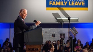 Joe Biden speaks at a rally for paid family leave during the 2016 campaign.