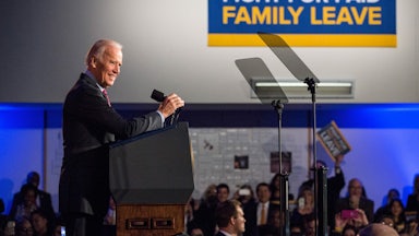 Joe Biden speaks at a rally for paid family leave during the 2016 campaign.