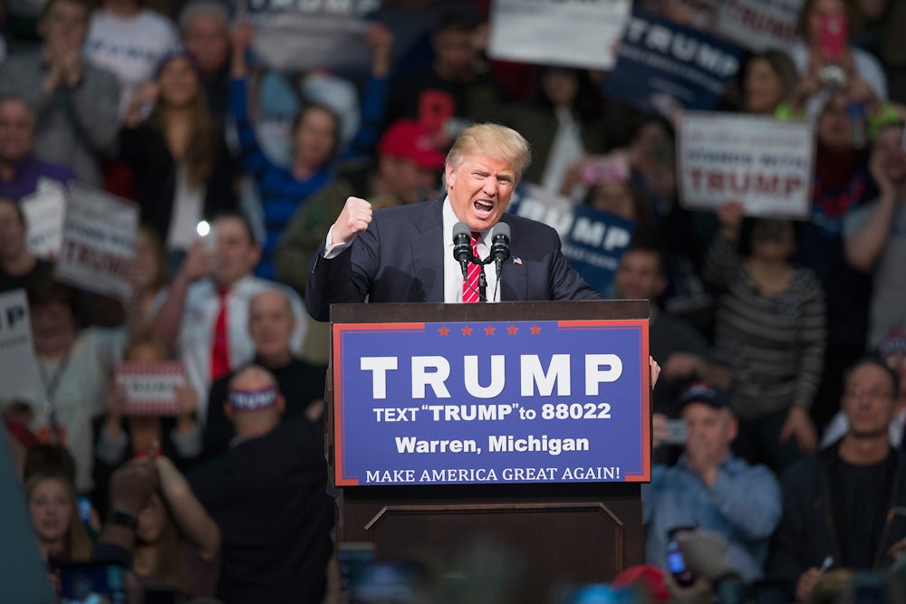 Donald Trump shakes his fist while speaking at a campaign rally.