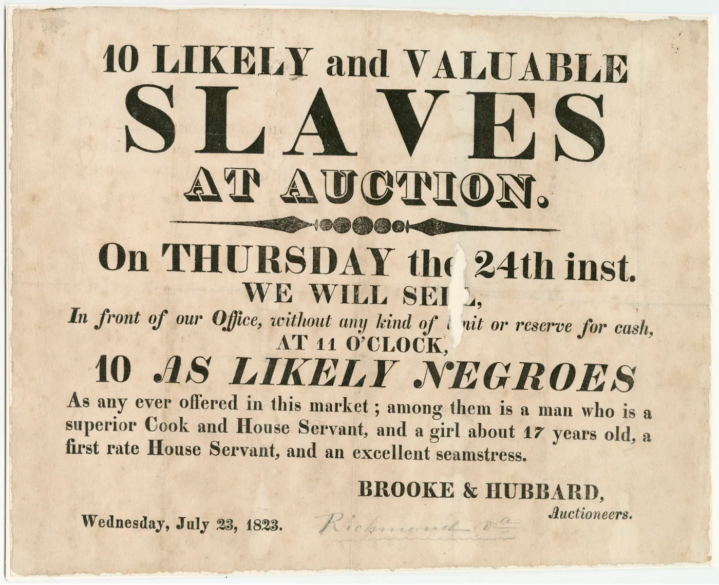 An 1823 poster advertising the auction of ten enslaved people in Richmond, Virginia, neers, dated July 23, 1823