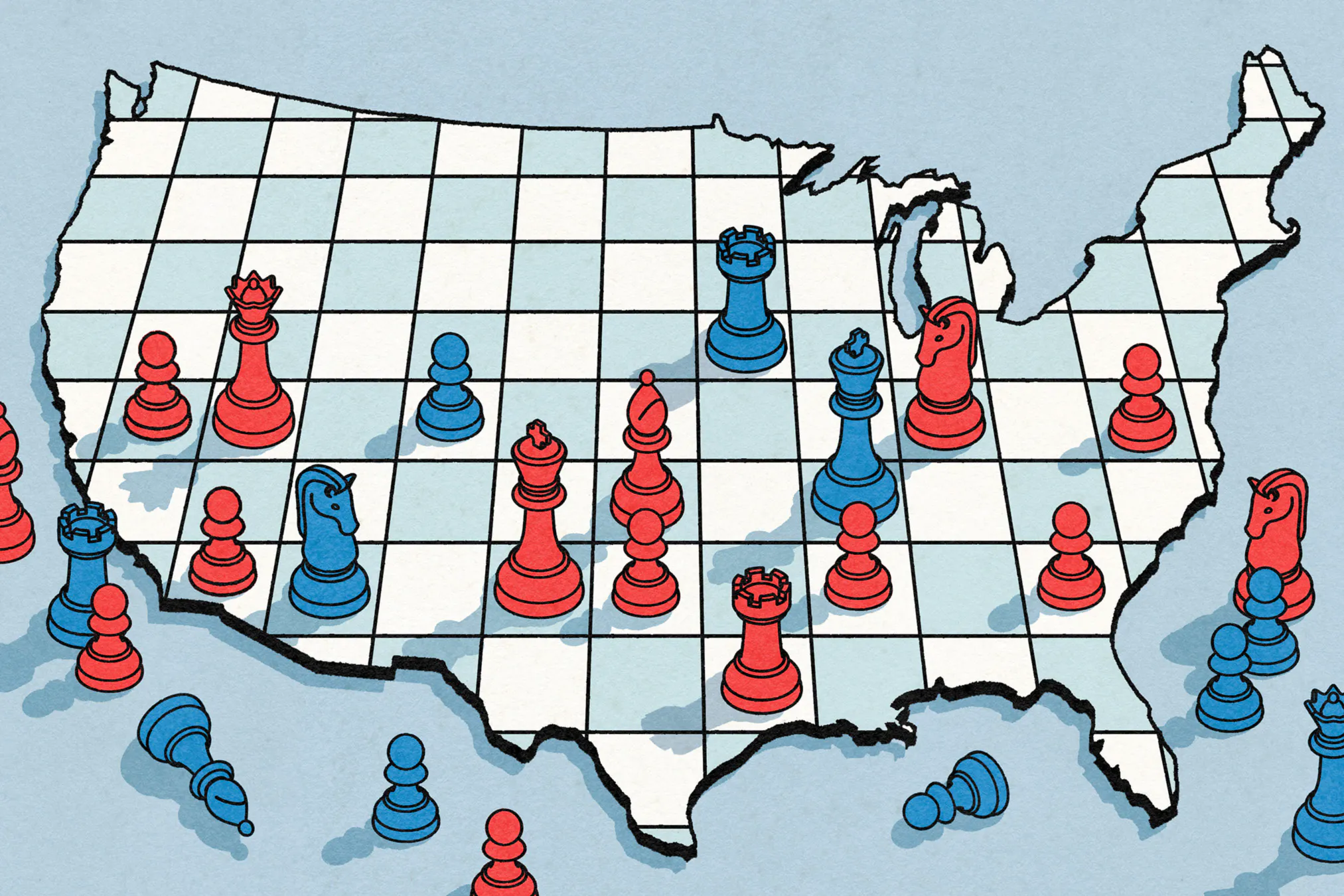 An illustration of America as a chessboard with red and blue pieces on various squares 