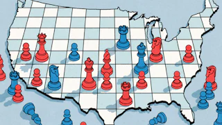 An illustration of America as a chessboard with red and blue pieces on various squares