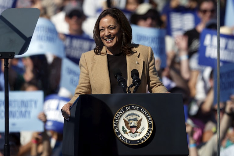 Kamala Harris smiles while standing at a podium during a campaign rally