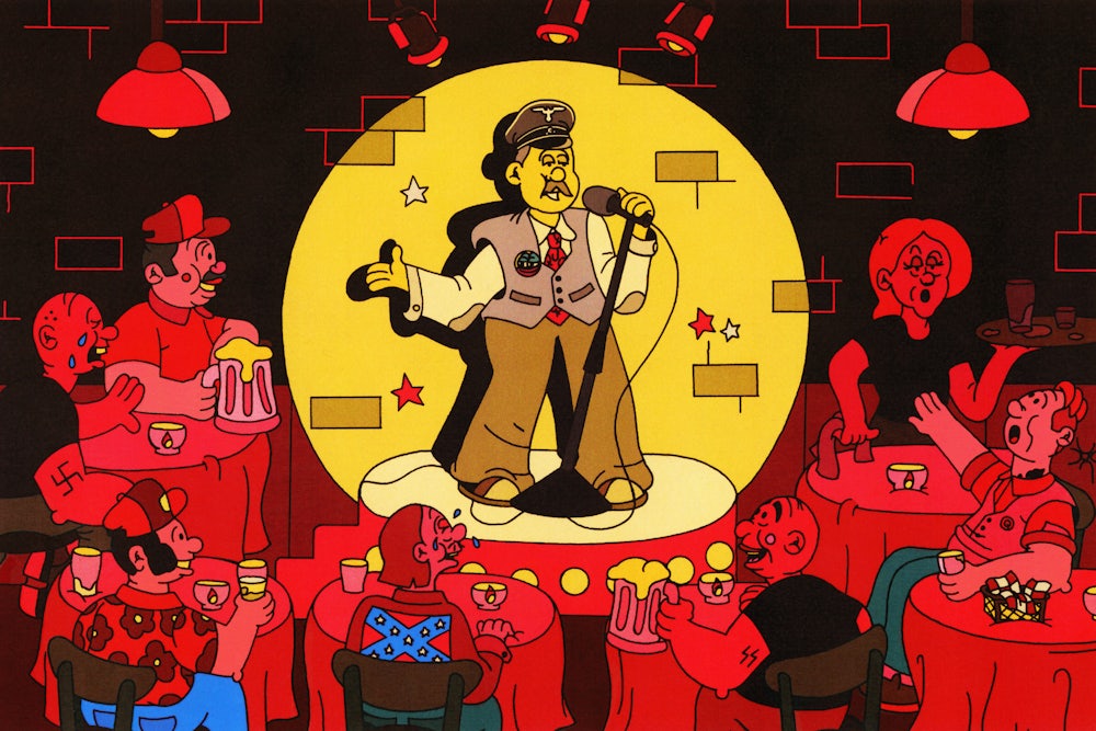 An illustration of a comedian performing standup for an audience sporting alt-right insignias.