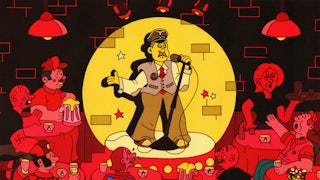 An illustration of a comedian performing standup for an audience sporting alt-right insignias.