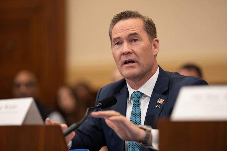 U.S. Ambassador to the U.N. Mike Waltz gestures while speaking during a House committee hearing.