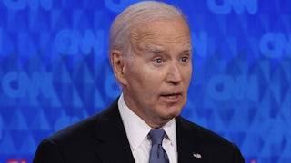 Joe Biden, looking very old, stares mid-sentence into the camera.