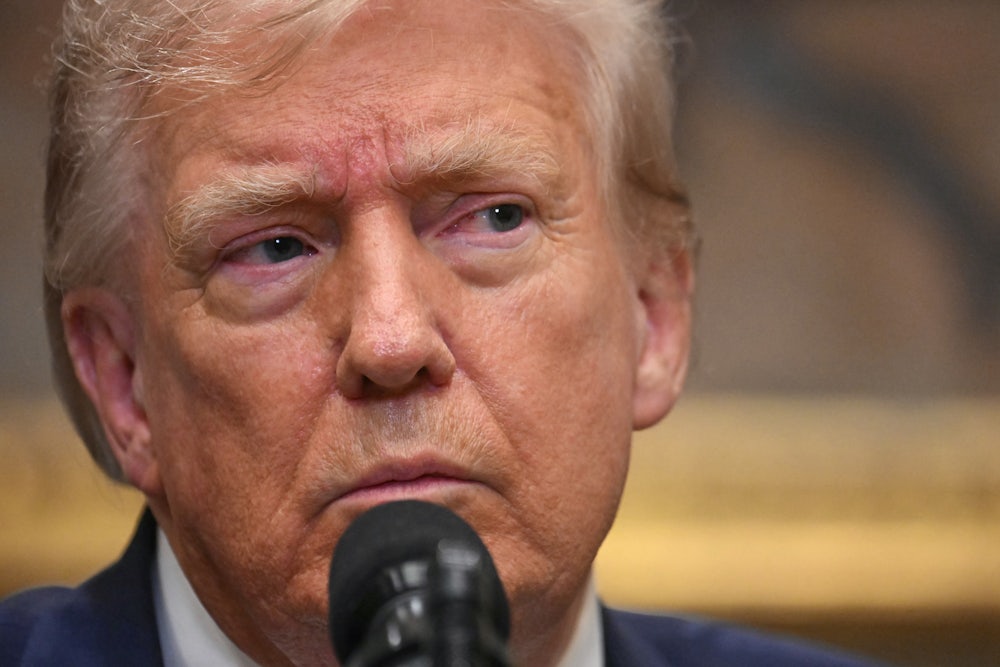 Donald Trump stands in front of a microphone