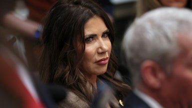 Homeland Security Secretary Kristi Noem sits in Donald Trump's Cabinet meeting