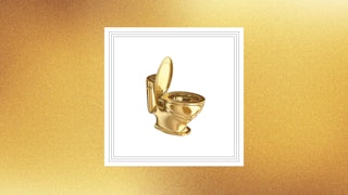 3D rendering of a golden toilet.