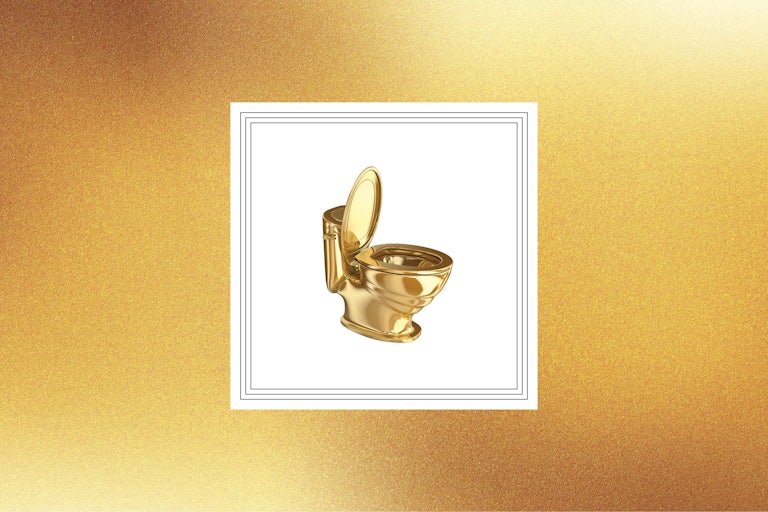 3D rendering of a golden toilet.