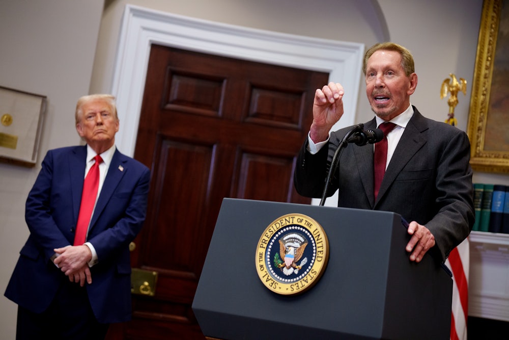 Would-be media mogul Larry Ellison and Donald Trump speak in the Roosevelt Room of the White House.