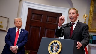 Would-be media mogul Larry Ellison and Donald Trump speak in the Roosevelt Room of the White House.