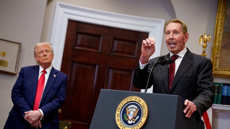 Would-be media mogul Larry Ellison and Donald Trump speak in the Roosevelt Room of the White House.