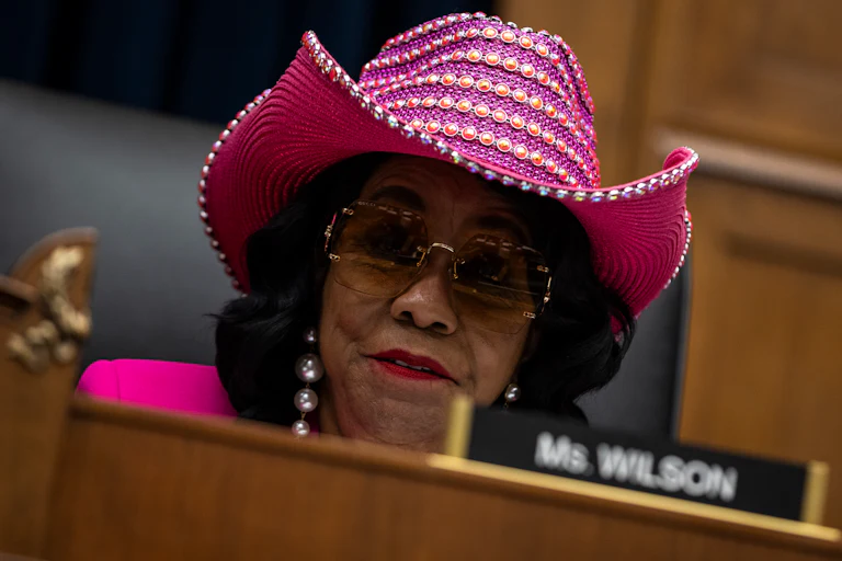 Representative Frederica Wilson sits during a House subcommittee hearing