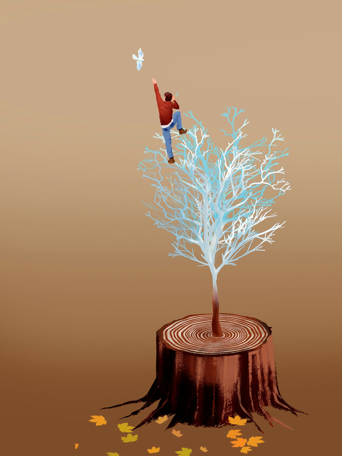 A survivor of child abuse is climbing a newly sprouting tree and reaching for a bird that represents hope