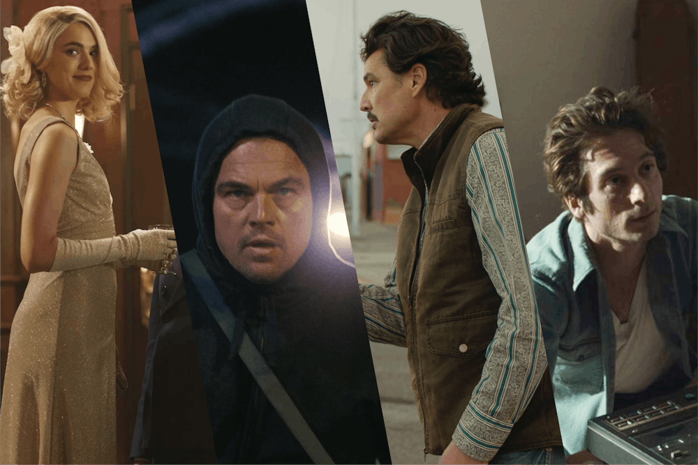 Collage of four film stills: Blue Moon, Deliver Me From Nowhere, One Battle After Another, and Eddington.