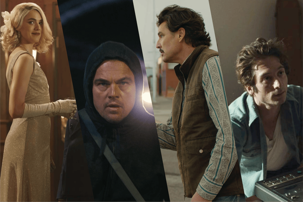 Collage of four film stills: Blue Moon, Deliver Me From Nowhere, One Battle After Another, and Eddington.