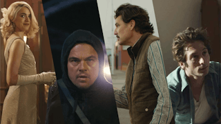 Collage of four film stills: Blue Moon, Deliver Me From Nowhere, One Battle After Another, and Eddington.