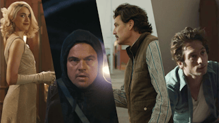 Collage of four film stills: Blue Moon, Deliver Me From Nowhere, One Battle After Another, and Eddington.