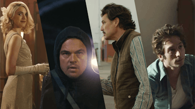 Collage of four film stills: Blue Moon, Deliver Me From Nowhere, One Battle After Another, and Eddington.