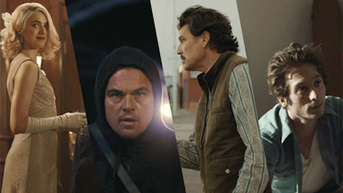 Collage of four film stills: Blue Moon, Deliver Me From Nowhere, One Battle After Another, and Eddington.