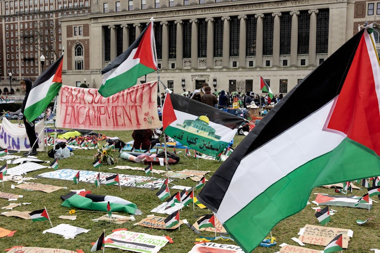 Pro-Palestine students hold a Gaza Solidarty Encampment at Columbia University on April 21, 2024. Palestinian flags are everywhere.