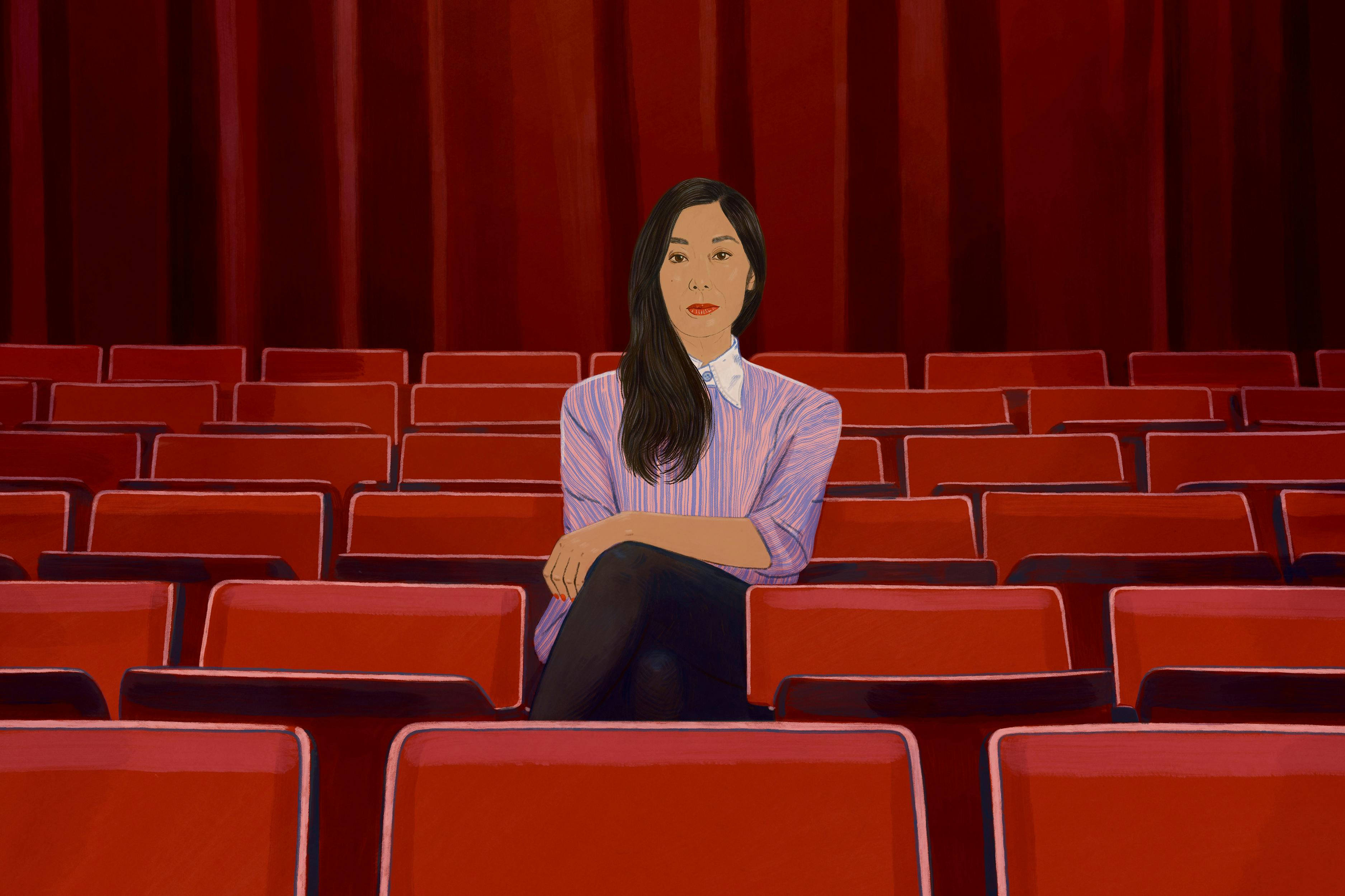 An illustration of author Katie Kitamura sitting in a row of empty theater seats, indicating that she's directing the action in the novel that's taking place on stage