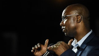 Representative Jamaal Bowman gestures while speaking.