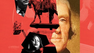 A photo illustration of key characters around the Charlottesville protests in 2021 including images of Zyahna Bryant, Richard Spencer, and the Robert E Lee statue and Thomas Jefferson